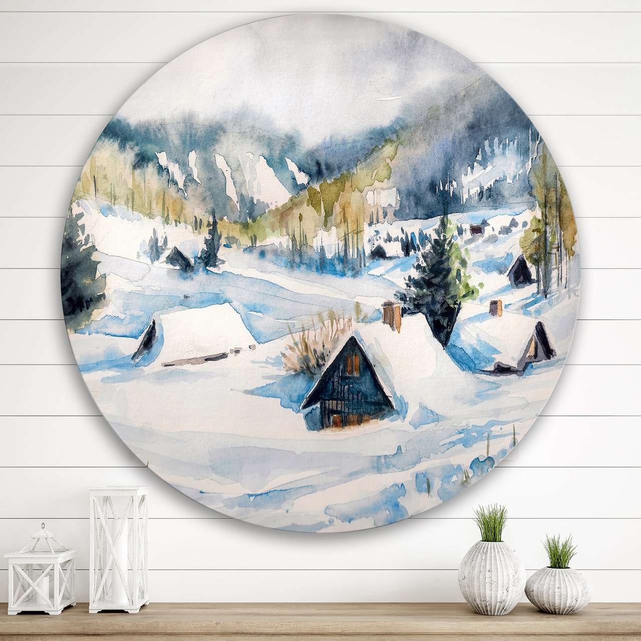 Designart - Mountain Village In Winter - Traditional Metal Circle Wall Art